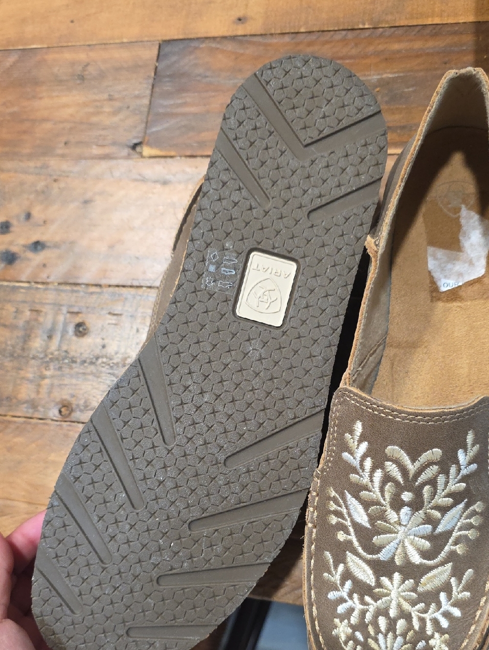 Ariat Taupe Slip-On Loafers with White Embroidered Floral Detail - Picture 5 of 6